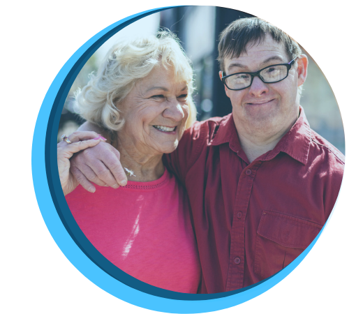 People with disabilty Adult man with disability with arms around his mom