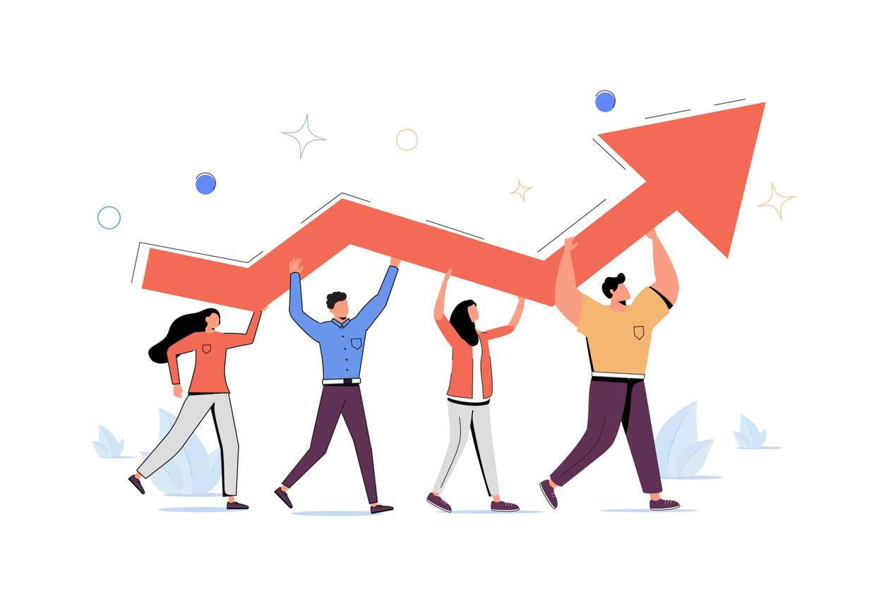 Progress development as success improvement and growth tiny person concept. Professional teamwork scene with increased. People holding an efficient chart arrow